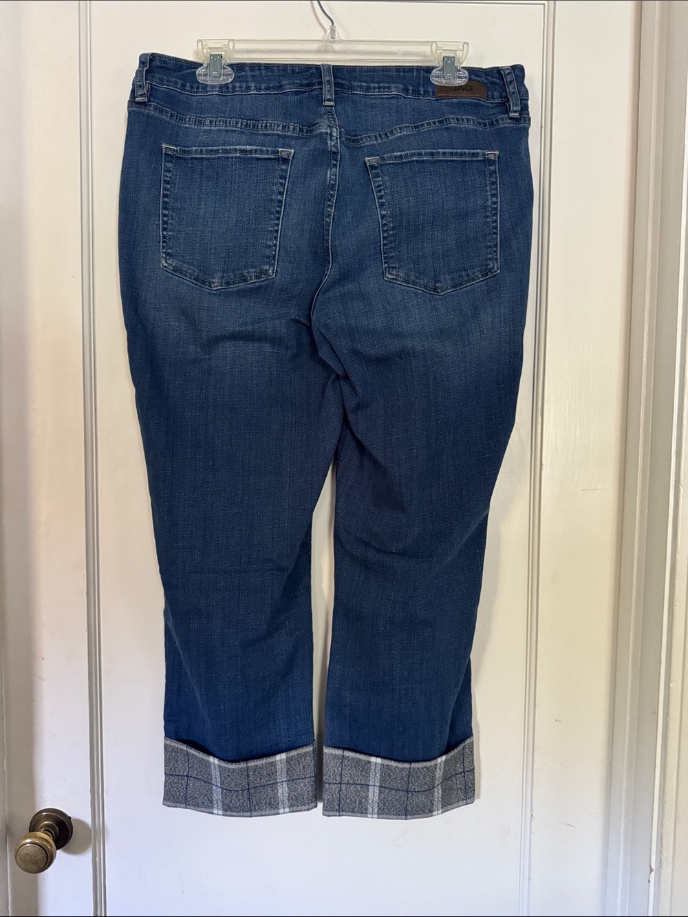 Jag Jeans Dark Blue Cropped Cuffed Jeans with Plaid Trim - Picture 2 of 4
